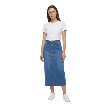 Women's High Waist A-Line Front Slit Denim Midi Skirt