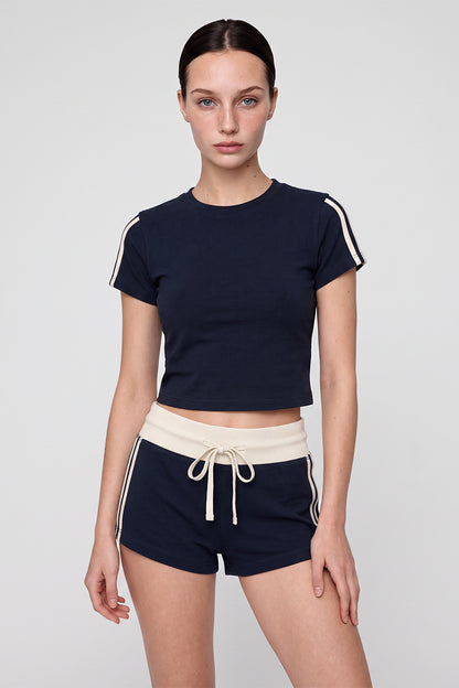 Women Summer Side Stripe Cropped T Shirt Shorts Set