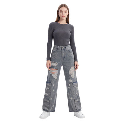 Women's Vintage High Waist Distressed Wide Leg Cargo Jeans