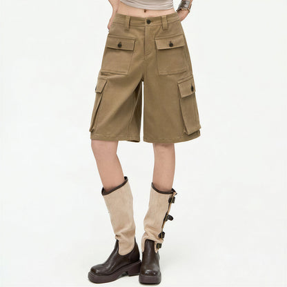 Women's Summer Khaki Multi-Pocket Cargo Denim Shorts