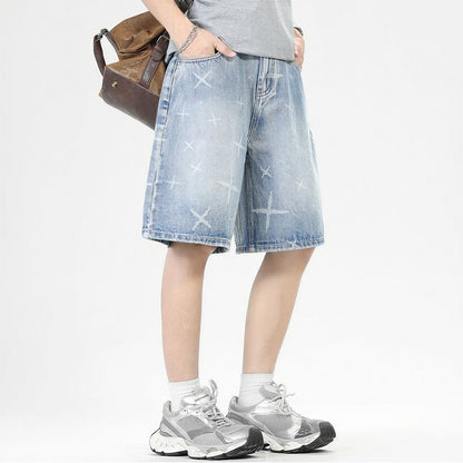 Men's Summer Cross Print Washed Baggy Denim Shorts