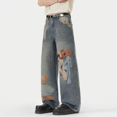 Men's Spring Light Blue Teddy Print Wide Leg Denim Jeans