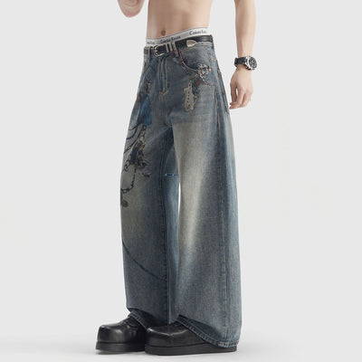 Men's Spring Blue Keychain Print Wide Leg Denim Jeans