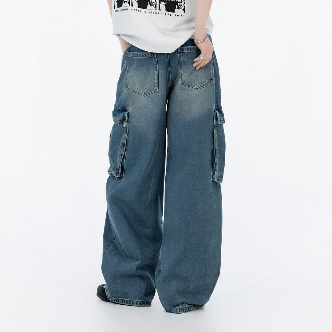 Men's Spring Vintage Blue Multi-Pocket Cargo Denim Jeans