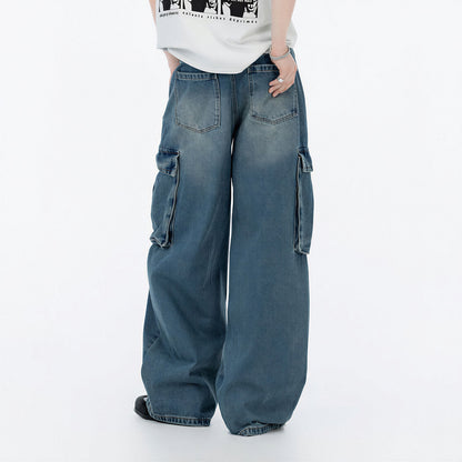 Men's Spring Vintage Blue Multi-Pocket Cargo Denim Jeans