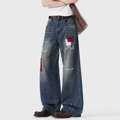Men's Spring Ripped Plaid Patch Wide Leg Denim Jeans
