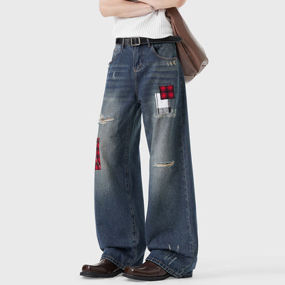 Men's Spring Ripped Plaid Patch Wide Leg Denim Jeans