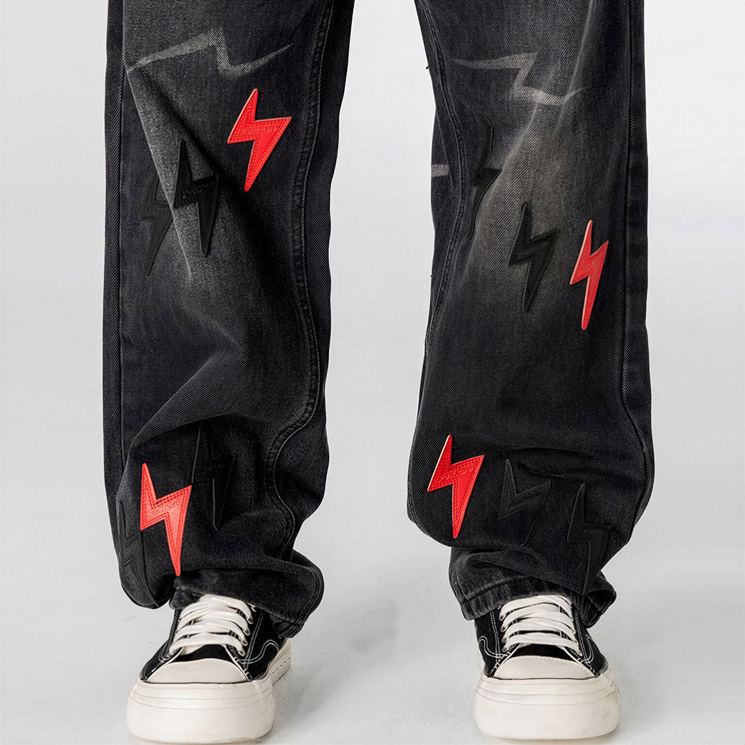 Men's Spring Washed Black Lightning Embroidery Jeans