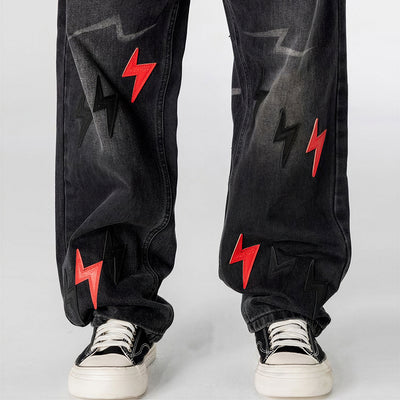Men's Spring Washed Black Lightning Embroidery Jeans
