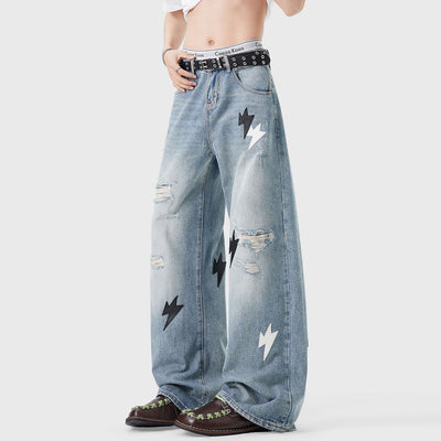 Men's Spring Light Blue Ripped Lightning Patch Jeans
