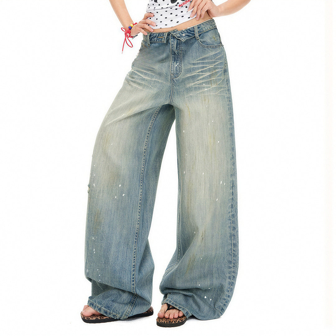Women's Spring Distressed Splatter Wide-Leg Denim Jeans
