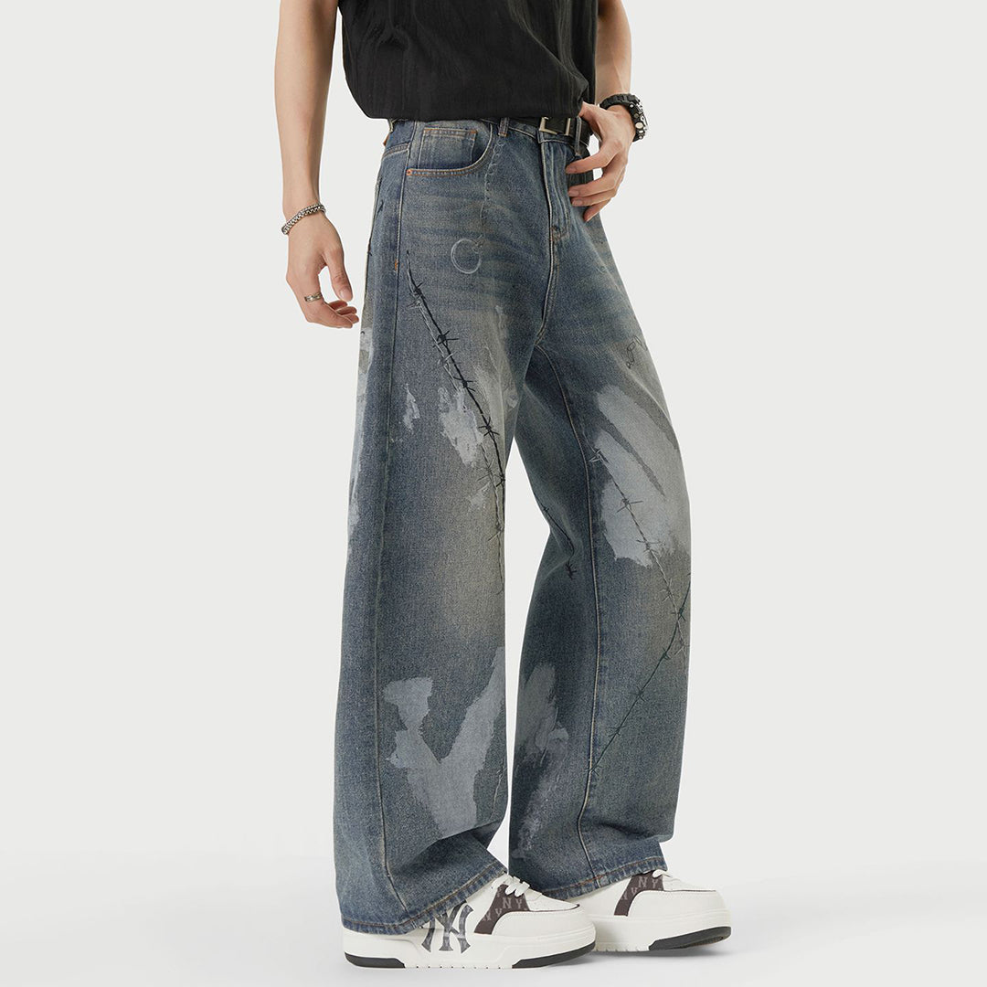 Men's Spring Blue Thorn Graffiti Wide Leg Denim Jeans