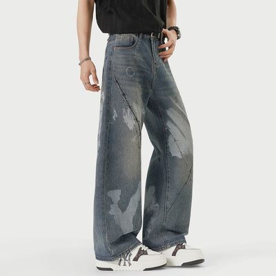 Men's Spring Blue Thorn Graffiti Wide Leg Denim Jeans