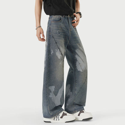 Men's Spring Blue Thorn Graffiti Wide Leg Denim Jeans