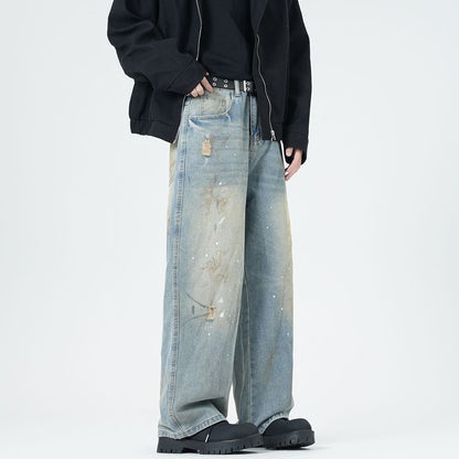 Men's Spring Washed Splatter Paint Straight Leg Jeans