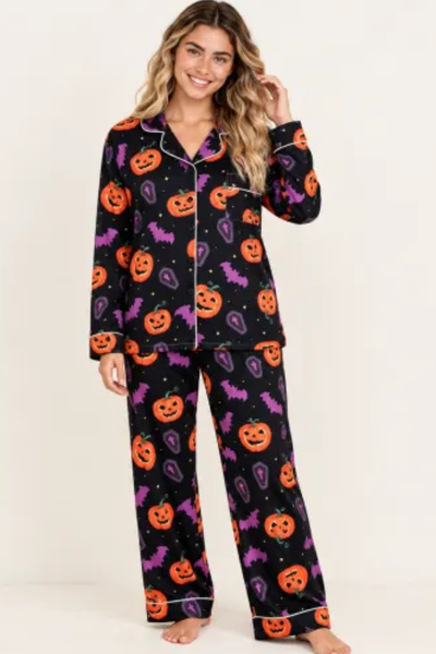 Women Fall Clothing Halloween Pumpkin Bat Pajama Set