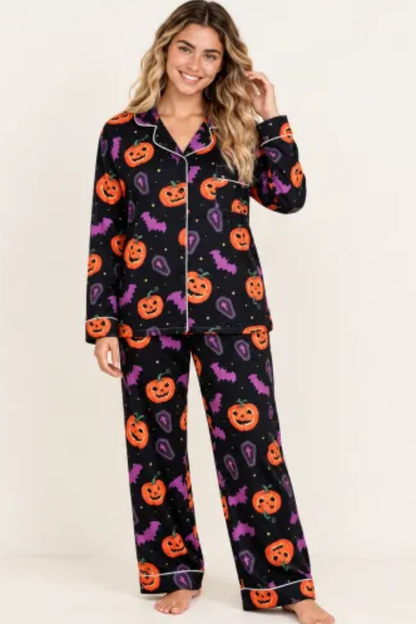 Women Fall Clothing Halloween Pumpkin Bat Pajama Set