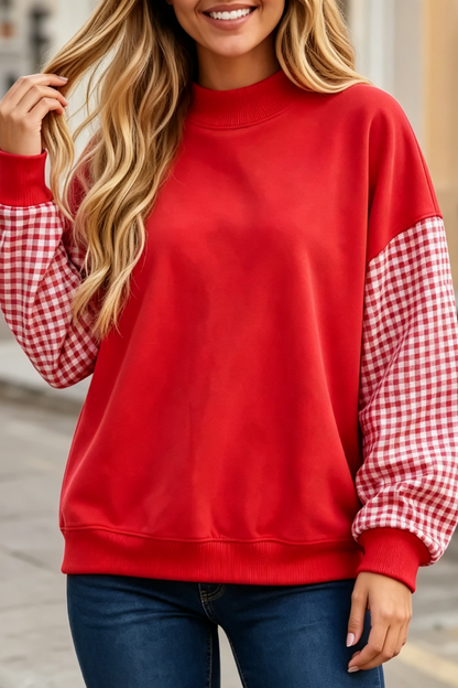 Women Fall Gingham Sleeve Mock Neck Oversized Sweatshirt