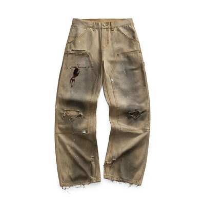 Men's Spring Mud Washed Ripped Carpenter Denim Jeans