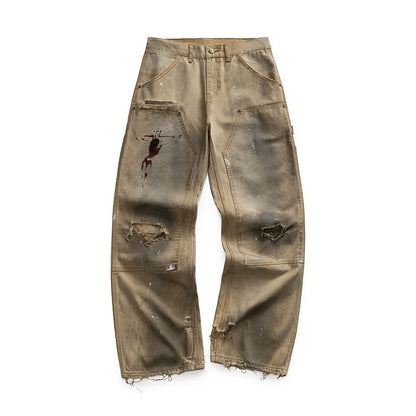 Men's Spring Mud Washed Ripped Carpenter Denim Jeans