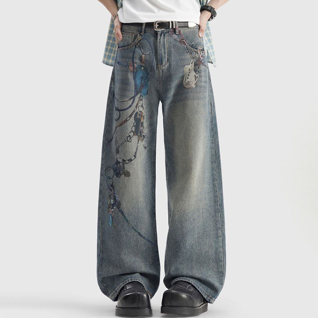 Men's Spring Blue Keychain Print Wide Leg Denim Jeans