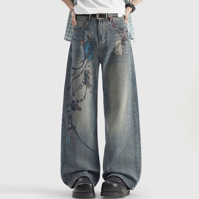 Men's Spring Blue Keychain Print Wide Leg Denim Jeans
