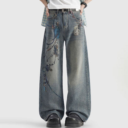 Men's Spring Blue Keychain Print Wide Leg Denim Jeans