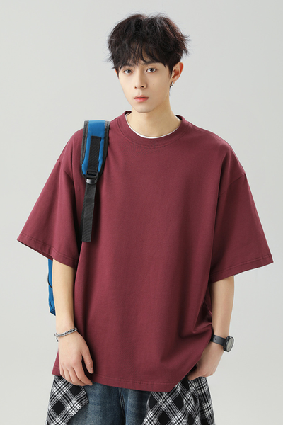 Men's Summer Japanese Loose Cotton Solid Crewneck Basics Tee