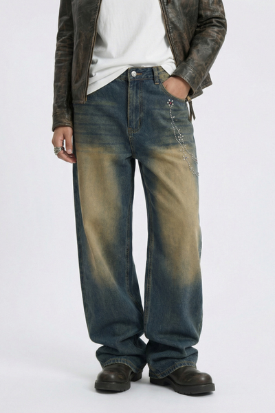 Men's Chain Rhinestone Washed Blue Yellow Fade Wide Jeans