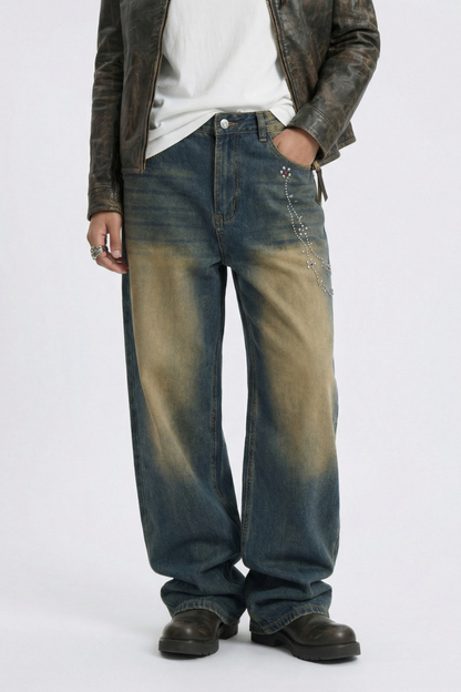 Men's Chain Rhinestone Washed Blue Yellow Fade Wide Jeans