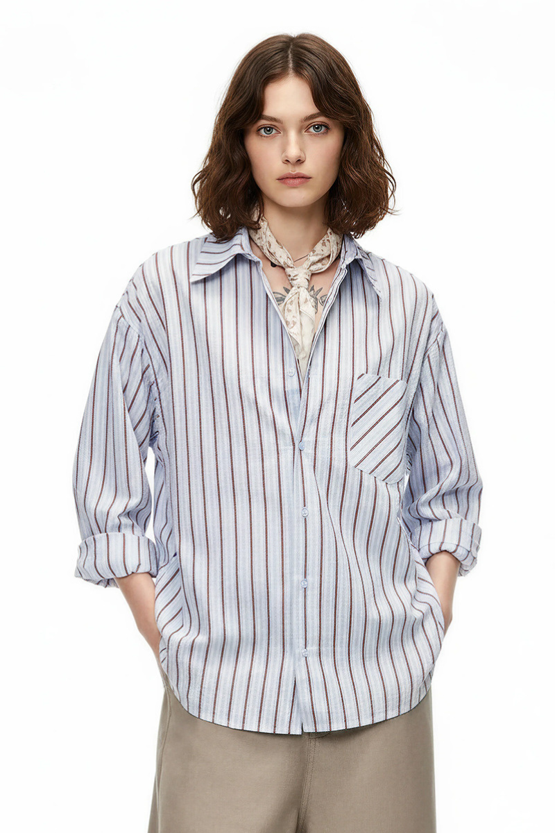 Unisex Spring Cotton Stripe Set-in Long Sleeve Retro Shirt