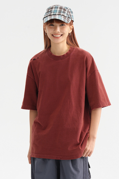 Men's Cotton Washed Distressed Hole Crewneck Tee