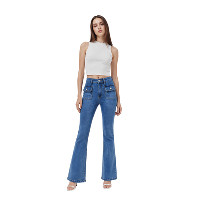 Women's High Waist Flare Jeans with Button Front Pockets