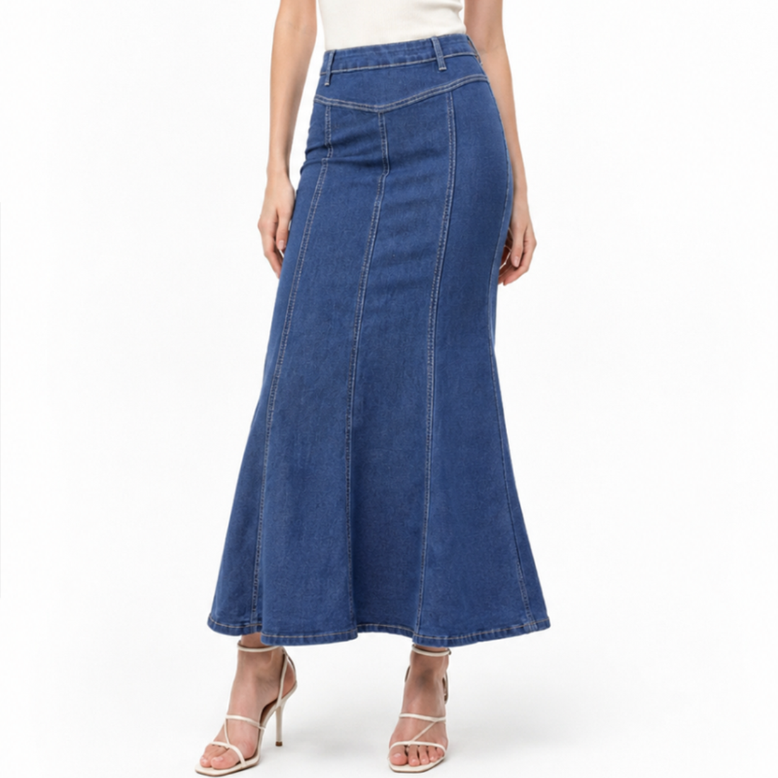 Women's High Waist Vintage Wash Fishtail Long Denim Skirt
