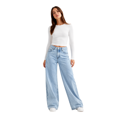 Women's High Waist Light Blue Straight Wide Leg Jeans