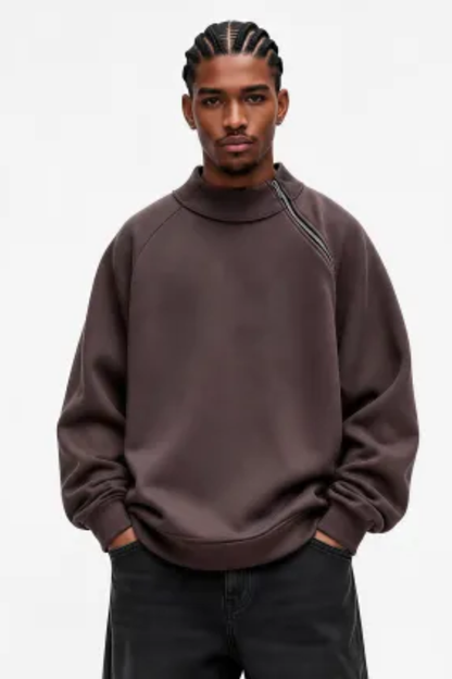 Men Spring Diagonal Zip Mock Neck Oversized Sweatshirt