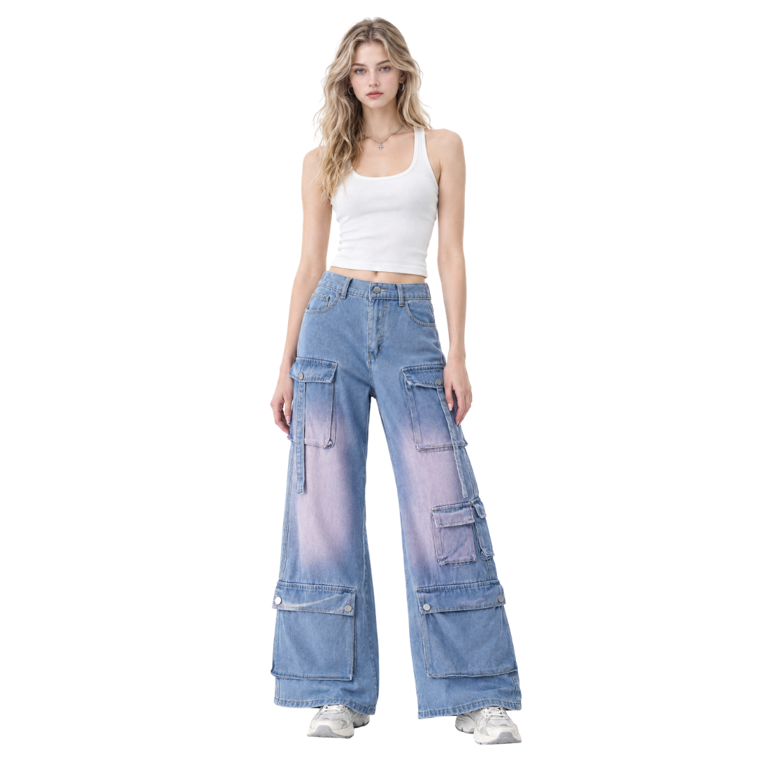 Women's Multi-Pocket High Waist Cargo Wide Leg Jeans