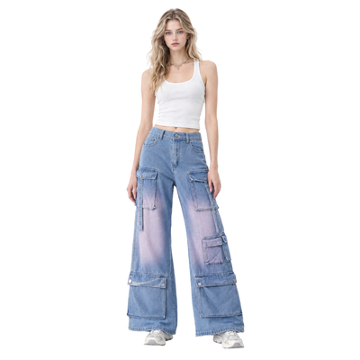 Women's Multi-Pocket High Waist Cargo Wide Leg Jeans