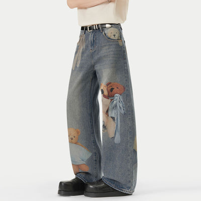 Men's Spring Light Blue Teddy Print Wide Leg Denim Jeans