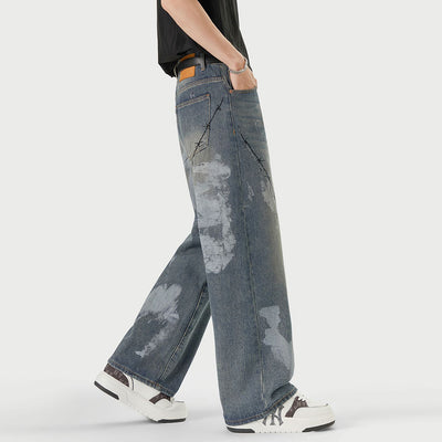 Men's Spring Blue Thorn Graffiti Wide Leg Denim Jeans