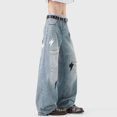 Men's Spring Light Blue Ripped Lightning Patch Jeans