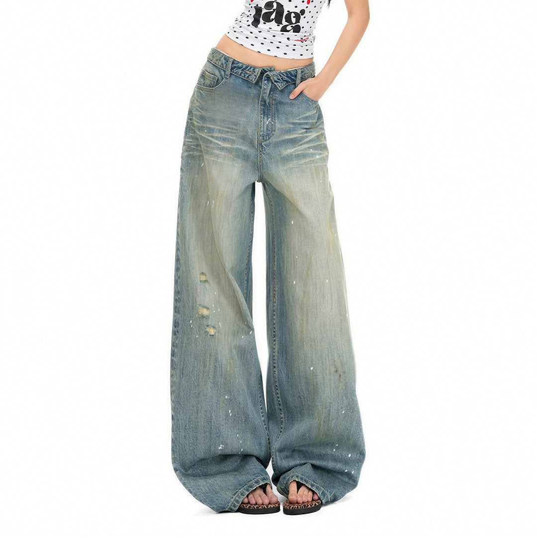 Women's Spring Distressed Splatter Wide-Leg Denim Jeans