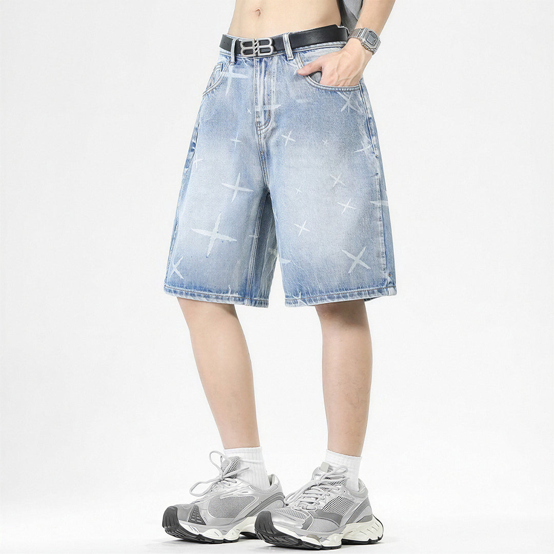 Men's Summer Cross Print Washed Baggy Denim Shorts