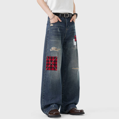 Men's Spring Ripped Plaid Patch Wide Leg Denim Jeans