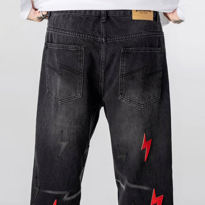 Men's Spring Washed Black Lightning Embroidery Jeans