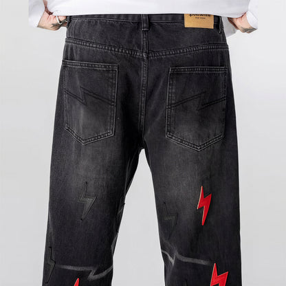 Men's Spring Washed Black Lightning Embroidery Jeans