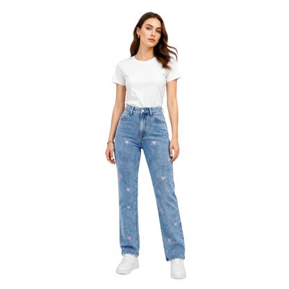 Women's Pink Heart Embroidered Straight Leg Jeans