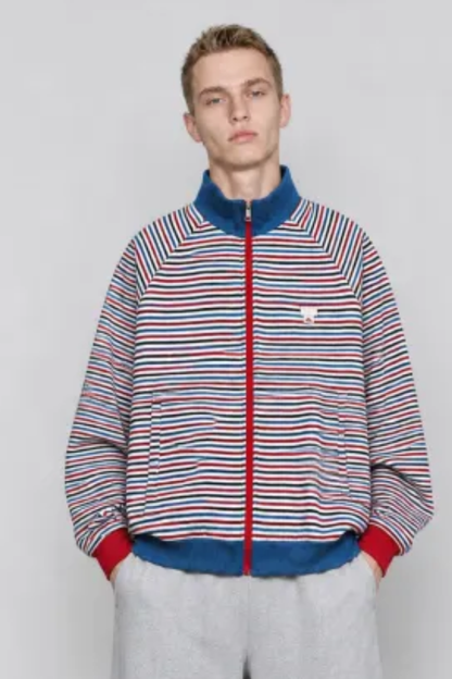 Men Fall Colorful Stripe Stand Collar Zip Up Jacket