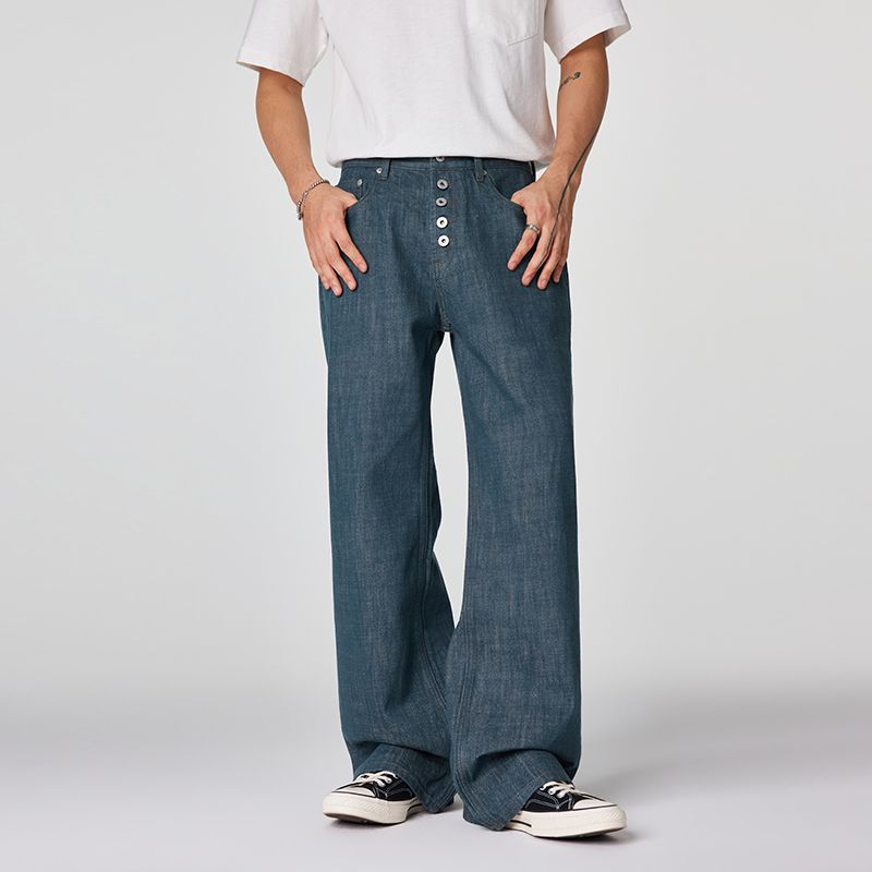 Men's Spring Cotton Button Fly Wide-Leg Flare Denim Jeans