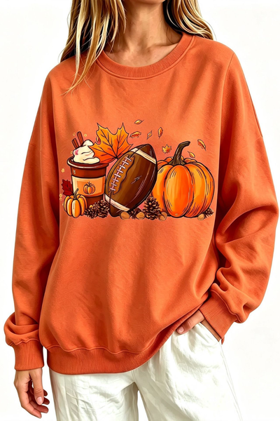 Women Fall Clothing Pumpkin Football Coffee Sweatshirt